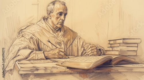 Saint Alphonsus Liguori Writing Theological Works, Seated at Desk, Biblical Illustration, Beige Background, Copyspace