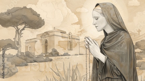 Biblical Illustration of Saint Zita in deep prayer, holding a rosary, reflecting her piety and dedication. Simple attire, serene expression, peaceful church setting. Beige Background, copyspace.