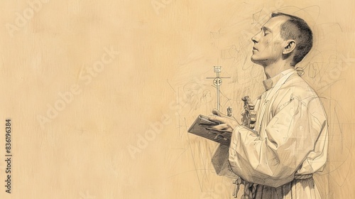 Saint Aloysius Gonzaga in Prayer, Holding Crucifix and Book of Devotions, Biblical Illustration, Beige Background, Copyspace