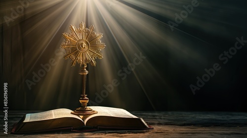 monstrance and open Holy Bible with sun rays of light from above, on black background for overlay