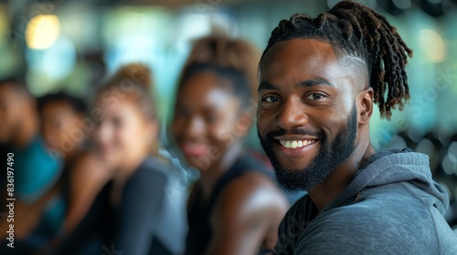 Smiling man with dreadlocks in gym setting.