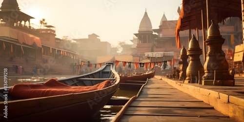 Showcases Varanasis culture architecture Ganges River and wooden boats in sunlight. Concept Culture, Architecture, Ganges River, Wooden Boats, Sunlight