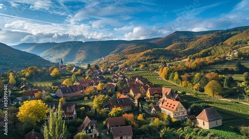 Aerial view to Kaysersberg village and Vosges mountains in the backgroung