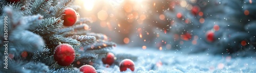 A high-key image of a winter wonderland scene, fir branches with red balls captured in soft focus, the background snowy and bright, broad space on the left for promotional text.