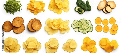 A wooden bowl filled with crispy homemade dried vegetables, assorted vegetable chips, set on a white backdrop showcasing a healthy food concept with copy space image.
