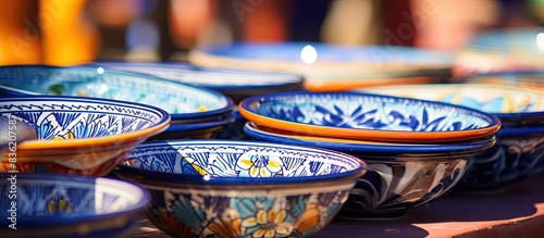 Vibrant Moroccan pottery and ceramics displayed at Souk El Had Agadir with a colorful array on a copy space image.