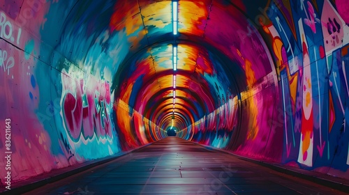Embark on a visual journey through a tunnel transformed into a canvas of creativity, where bright graffiti art adorns the walls