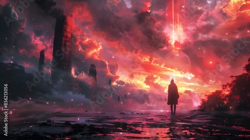 Lone figure walking through a post-apocalyptic cityscape engulfed in a dramatic,surreal firestorm