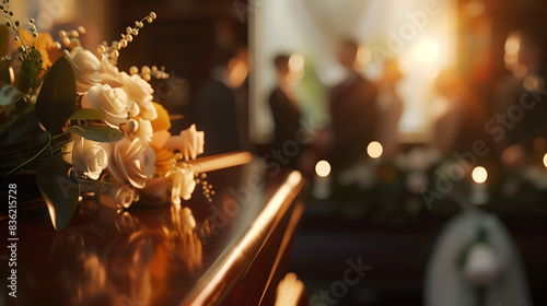 Funeral service, featuring a casket with bouquet, on a blurred background people in suits, professional and compassionate service