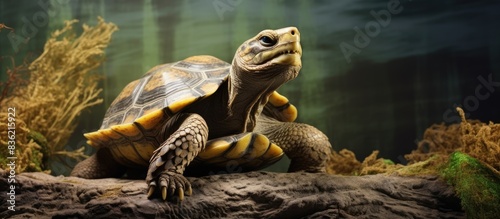 Central Asian turtle grazing on vibrant green grass in a terrarium setting, creating a vivid scene for a copy space image.