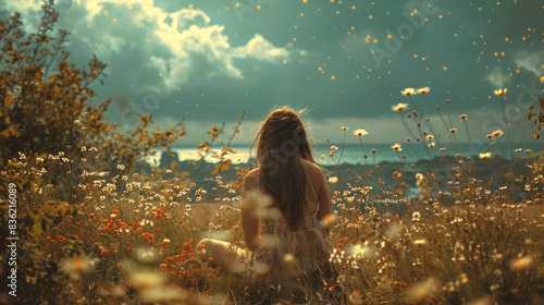 A woman sits amidst a wildflower meadow, gazing at a dramatic sky, possibly at sunset, invoking a sense of tranquility and connection with nature.