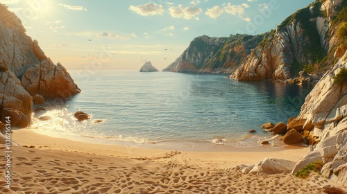 A serene view of coastal cliffs with a sandy beach and calm sea under a clear sky.