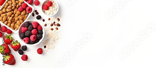 Top-down view of a bowl of healthy whole grain muesli with yogurt and fresh strawberries on a white background, with ample space for text or graphics.