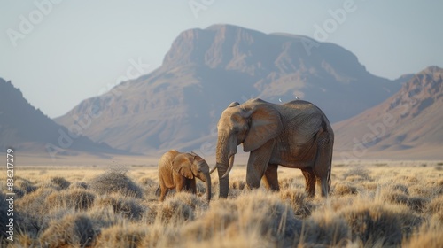 An African elephant with its calf in a grassy savanna with mountains in the background.