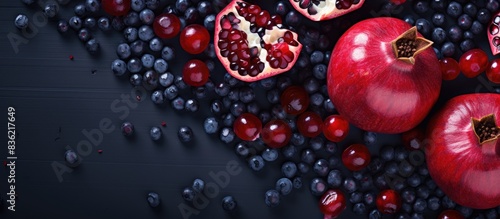 Top view of superfoods diet concept on dark wood background with copy space image.