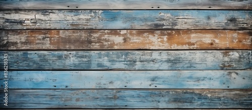 Antique wooden frames hanging on a blue wall with copy space image.