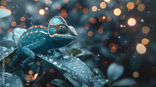 A colorful veiled chameleon perched on a dewy leaf against a bokeh light background.