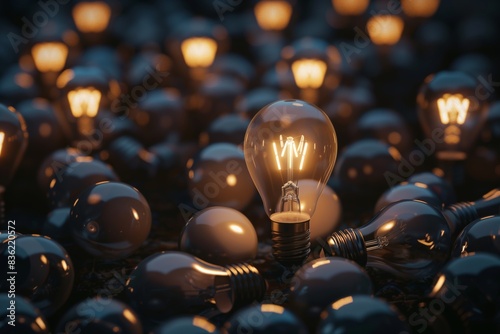 Creative Thinking: Glowing Lightbulb Stands Out Among Shutdown Bulbs in Dark Area -