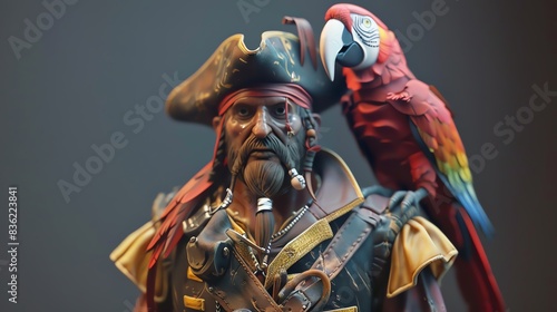 A 3D render of a pirate action figure with a parrot on its shoulder