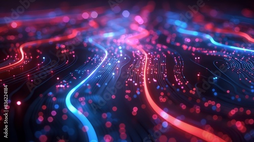 Glossy Black Surfaces with Glowing Red and Blue Neon Lines: High-Speed Data Network and Fiber Optic Internet.