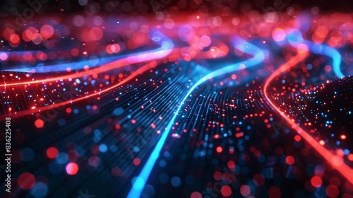 Glossy Black Surfaces with Glowing Red and Blue Neon Lines: High-Speed Data Network and Fiber Optic Internet.