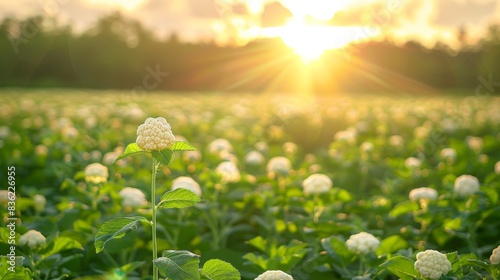 A cinematic shot of cauliflower plants in a field during sunset with radiant sunlight and a green landscape.