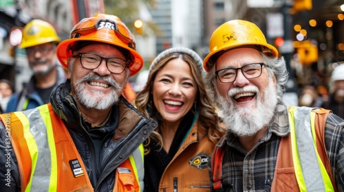 Three joyful volunteers in hard hats and safety vests pose at a bustling construction site.