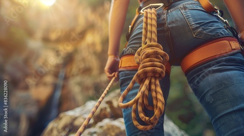 A female belayer holds a safety rope for rock climbing, focused on her hands with a knot and harness in the foreground.