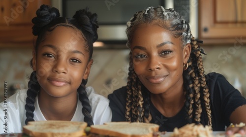 A cheerful mother and daughter with braided hair prepare sandwiches in a home kitchen.