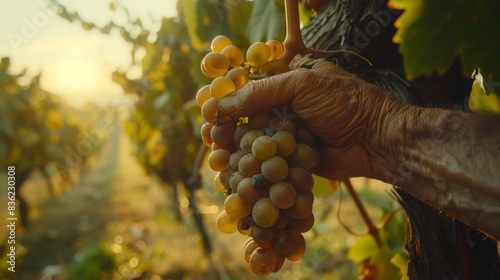 A close-up of a hand inspecting a bunch of ripe white grapes in a vineyard at sunset.