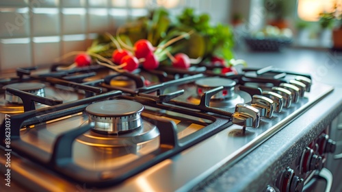 A modern kitchen gas stove burner close-up with fresh vegetables in the background, suggesting a cooking setting.