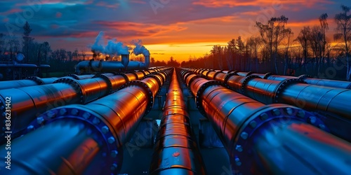 Oil and gas pipeline undergoing refining process for transportation of fuel. Concept Oil and Gas Pipeline, Refining Process, Transportation, Fuel Industry