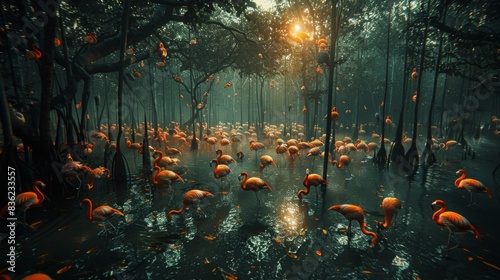Flamingos gathered in a serene mangrove at sunrise, with rays of sunlight piercing through.
