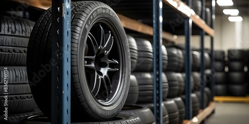 Tire storage shelf for sale in warehouse at auto garage workshop. Concept Automotive Equipment, Warehouse Organization, Tire Storage, Garage Workshop Essentials