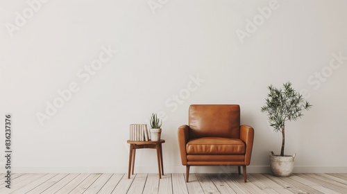 Minimalist living room with a clean and cozy aesthetic, featuring a brown leather armchair