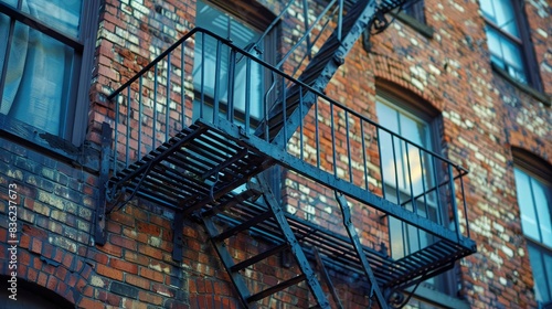 A tall brick building with a black fire escape ladder