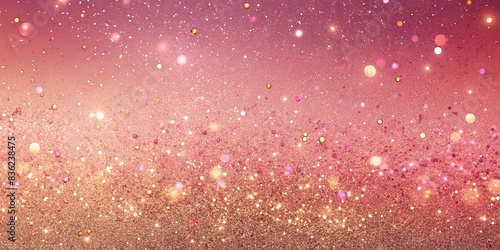 Golden pink sparkles on pink background. Light pink minimalistic festive glamorous background with scattered metal glitter in delicate pastel colors. 