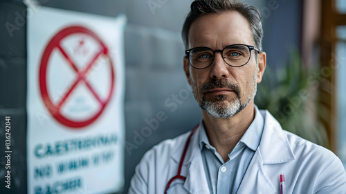 Photo realistic of Public health officer with campaign banner, no smoking symbol. Ideal for public health and charity ads in Photo Stock Concept