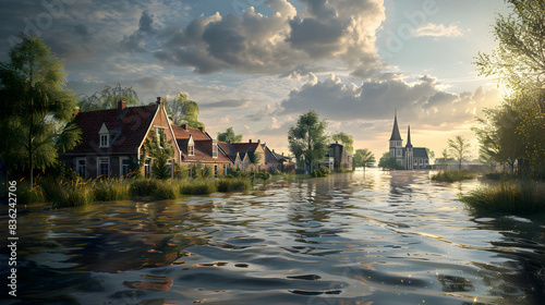 Photo realistic depiction of a rural village with flood imagery, showcasing the heightened risk of flooding linked to climate change. Ideal for environmental and rural themed adver