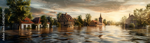 Photo realistic rural village with flood imagery symbolizing climate change risks ideal for environmental and rural ads in photo stock concept