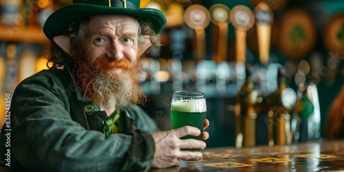 St Patrick's Day Bar Scene with a Leprechaun Enjoying Green Ale. Concept St Patrick's Day, Bar Scene, Leprechaun, Green Ale, Celebration