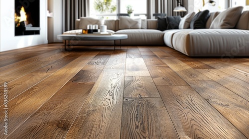 Luxurious hardwood flooring with intricate oak grain patterns, rich brown tones, and a smooth, polished surface adorning a contemporary living room