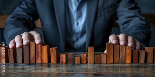 Businessman intercedes to halt falling dominoes, averting chain reaction and asserting control. Concept Business Strategies, Crisis Management, Chain Reactions, Leadership, Decision-Making