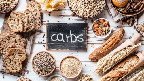 Flat Lay of Carbohydrate Sources on White Wooden Backdrop