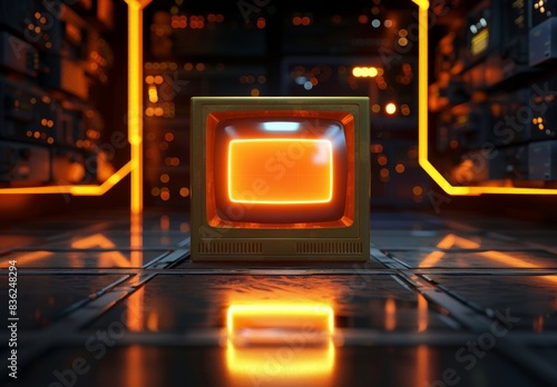 A neon-lit monitor icon in orange and yellow, set on a high-tech floor, against a black background, illustrating vibrant display technology. 3D render.
