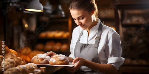 Monitoring Craft Bread Quality Young Woman Baker Using Tablet in Bakery. Concept Bakery Quality Control, Young Woman Baker, Craft Bread, Tablet Monitoring, Baking Industry