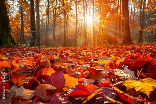 Jesienne liście w promieniach słońca w lesie