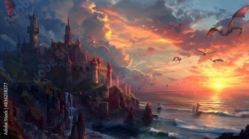 A grand a fantasy ocean with dragons flying
