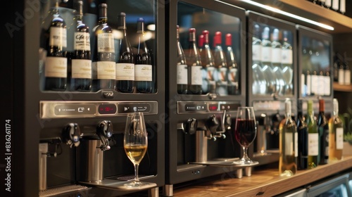 A wine bar with smart dispensers that offer tasting portions and recommend wines generated by AI