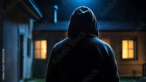 Hooded Man in Dark Alley with Illuminated House